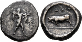 LUCANIA. Poseidonia. Circa 470-445 BC. Stater (Silver, 19 mm, 7.81 g, 9 h). ΠΟΜΕ&#66198; Poseidon striding to right, his left arm outstretched, brandi...