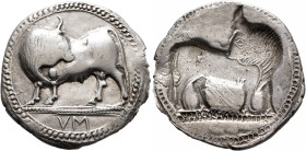 LUCANIA. Sybaris. Circa 550-510 BC. Stater (Silver, 29 mm, 7.89 g, 12 h). VM Bull standing to left on dotted ground line, head turned back to right; a...