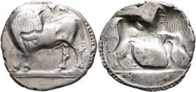 LUCANIA. Sybaris. Circa 550-510 BC. Stater (Silver, 26 mm, 7.89 g, 12 h). VM Bull standing to left on dotted ground line, head turned back to right; a...