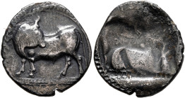 LUCANIA. Sybaris. Circa 550-510 BC. 1/3 Stater or Drachm (Silver, 18 mm, 2.17 g). VΜ Bull standing left on dotted ground line, his head turned back to...