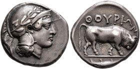 LUCANIA. Thourioi. Circa 443-400 BC. Didrachm or Nomos (Silver, 20 mm, 7.89 g, 1 h). Head of Athena to right, wearing crested Attic helmet decorated w...