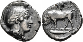 LUCANIA. Thourioi. Circa 443-400 BC. Stater (Silver, 21 mm, 7.76 g, 6 h). Head of Athena to right, wearing crested and laureate Attic helmet. Rev. ΘΟΥ...