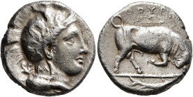 LUCANIA. Thourioi. Circa 400-350 BC. Didrachm or Nomos (Silver, 19 mm, 6.81 g, 12 h). Head of Athena to right, wearing crested Attic helmet adorned, o...