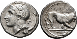 LUCANIA. Velia. Circa 400-340 BC. Didrachm or Nomos (Silver, 22 mm, 7.00 g, 3 h). Head of Athena to left, wearing crested Attic helmet adorned with a ...
