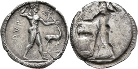 BRUTTIUM. Kaulonia. Circa 525-500 BC. Stater (Silver, 31 mm, 7.92 g). [K]AVΛ Apollo, nude, striding right, holding laurel branch in his upraised right...
