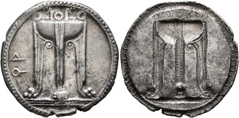 BRUTTIUM. Kroton. Circa 530-500 BC. Stater (Silver, 28 mm, 8.18 g). ϘΡ[Ο] Tripod...