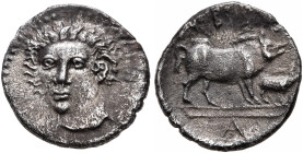 SICILY. Abakainon. Circa 420-410 BC. Litra (Silver, 11 mm, 0.77 g, 12 h). Female head facing slightly to left. Rev. ΑΒ/Α Sow and piglet standing right...