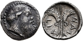 SICILY. Aitna. Circa 460s-450s BC. Litra (Silver, 10 mm, 0.59 g, 12 h). Head of Silenos to right, wearing wreath of ivy and an animal ear. Rev. ΑΙΤ-ΝΑ...