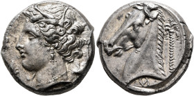 SICILY. Entella (?). Punic issues, circa 320/15-300 BC. Tetradrachm (Silver, 22 mm, 17.24 g, 12 h). Head of Tanit-Persephone to left, wearing wreath o...
