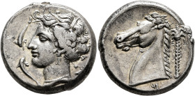SICILY. Entella (?). Punic issues, circa 320/15-300 BC. Tetradrachm (Silver, 24 mm, 17.20 g, 10 h). Head of Tanit-Persephone to left, wearing wreath o...