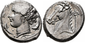 SICILY. Entella (?). Punic issues, circa 320/15-300 BC. Tetradrachm (Silver, 24 mm, 16.43 g, 6 h). Head of Tanit-Persephone to left, wearing wreath of...