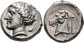 SICILY. Entella (?). Punic issues, circa 320/15-300 BC. Tetradrachm (Silver, 23 mm, 17.09 g, 9 h). Head of Tanit-Persephone to left, wearing wreath of...