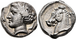SICILY. Entella (?). Punic issues, circa 320/15-300 BC. Tetradrachm (Silver, 24 mm, 16.63 g, 7 h). Head of Tanit-Persephone to left, wearing wreath of...