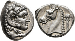 SICILY. Entella (?). Punic issues, circa 300-289 BC. Tetradrachm (Silver, 26 mm, 17.05 g, 3 h). Head of Herakles to right, wearing lion skin headdress...