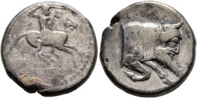 SICILY. Gela. Circa 490/85-480/75 BC. Didrachm (Silver, 20 mm, 8.45 g, 8 h). Nude bearded warrior riding horse to right, brandishing spear in his righ...