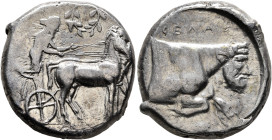 SICILY. Gela. Circa 430-425 BC. Tetradrachm (Silver, 22 mm, 17.09 g, 6 h). Charioteer driving quadriga moving slowly to the right; above, wreath. Rev....