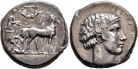 SICILY. Katane. Circa 450-430 BC. Tetradrachm (Silver, 24 mm, 16.57 g, 3 h). Charioteer driving quadriga walking to right, holding kentron in his left...