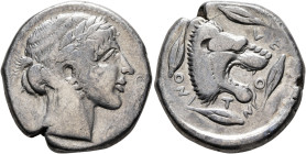SICILY. Leontini. Circa 450-440 BC. Tetradrachm (Silver, 25 mm, 16.78 g, 6 h). Laureate head of Apollo to right. Rev. ΛEO-NT-INO-[N] Head of a lion wi...