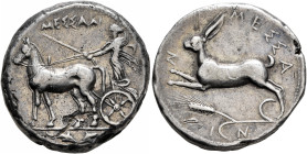 SICILY. Messana. 420-413 BC. Tetradrachm (Silver, 26 mm, 17.01 g, 3 h). ΜΕΣΣΑΝ-Α The nymph Messana, wearing long chiton and holding reins and kentron ...