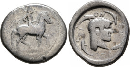 SICILY. Syracuse. Deinomenid Tyranny, 485-466 BC. Didrachm (Silver, 22 mm, 8.10 g, 9 h), circa 485-478. Nude horseman riding to right. Rev. ΣV-RA[Ϙ]-O...