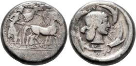 SICILY. Syracuse. Deinomenid Tyranny, 485-466 BC. Tetradrachm (Silver, 23 mm, 17.07 g, 5 h), circa 480-475. Charioteer, holding kentron in his right h...