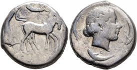 SICILY. Syracuse. Second Democracy, 466-405 BC. Tetradrachm (Silver, 22 mm, 16.77 g, 5 h), circa 450-440. Charioteer driving quadriga walking to right...