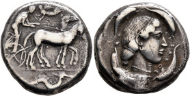 SICILY. Syracuse. Second Democracy, 466-405 BC. Tetradrachm (Silver, 23 mm, 16.77 g, 11 h), circa 450-440. Charioteer driving quadriga walking to righ...