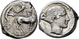 SICILY. Syracuse. Second Democracy, 466-405 BC. Tetradrachm (Silver, 25 mm, 16.87 g, 8 h), circa 430-420. Charioteer driving quadriga walking to right...