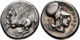 SICILY. Syracuse. Timoleon and the Third Democracy, 344-317 BC. Stater (Silver, 20 mm, 8.54 g, 7 h), Corinthian standard. Pegasos flying left. Rev. ΣY...