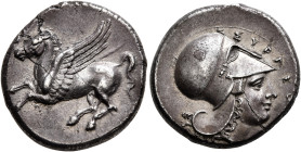 SICILY. Syracuse. Timoleon and the Third Democracy, 344-317 BC. Stater (Silver, 20 mm, 8.47 g, 10 h), Corinthian standard. Pegasos flying left. Rev. Σ...