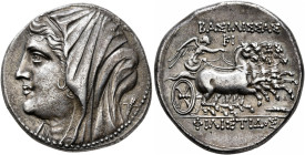 SICILY. Syracuse. Philistis, wife of Hieron II, 275-215 BC. 16 Litrai or Tetradrachm (Silver, 26 mm, 13.27 g, 2 h), circa 218/7-215. Diademed and veil...