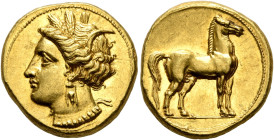 CARTHAGE. Circa 350-320 BC. Stater (Gold, 18 mm, 9.35 g, 7 h). Head of Tanit to left, wearing wreath of grain ears, triple-pendant earring and elabora...