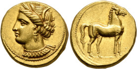 CARTHAGE. Circa 350-320 BC. Stater (Gold, 18 mm, 9.23 g, 7 h). Head of Tanit to left, wearing wreath of grain ears, triple-pendant earring and elabora...