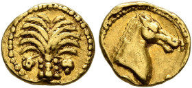 CARTHAGE. Circa 350-320 BC. 1/10 Stater (Gold, 8 mm, 0.60 g, 6 h). Palm tree with two date-clusters. Rev. Head of horse to right. Jenkins & Lewis Grou...