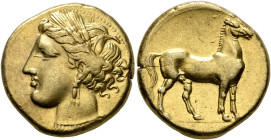 CARTHAGE. Circa 290-270 BC. Stater (Electrum, 19 mm, 7.48 g, 12 h). Head of Tanit to left, wearing wreath of grain ears, triple-pendant earring and el...
