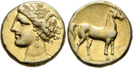 CARTHAGE. Circa 290-270 BC. Stater (Electrum, 18 mm, 7.45 g, 12 h). Head of Tanit to left, wearing wreath of grain ears, triple-pendant earring and el...
