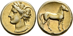 CARTHAGE. Circa 290-270 BC. Stater (Electrum, 18 mm, 7.29 g, 12 h). Head of Tanit to left, wearing wreath of grain ears, triple-pendant earring and el...