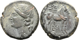 CARTHAGE. Second Punic War. Circa 220-215 BC. Trishekel (Bronze, 30 mm, 20.35 g, 12 h). Head of Tanit to left, wearing wreath of grain ears, pendant e...