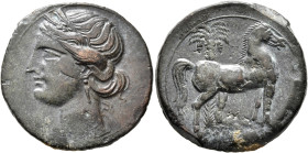 CARTHAGE. Second Punic War. Circa 220-215 BC. Trishekel (Bronze, 30 mm, 17.51 g, 12 h). Head of Tanit to left, wearing wreath of grain ears, pendant e...