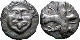 SKYTHIA. Olbia. Circa 437-410 BC. Cast unit (Bronze, 68 mm, 96.37 g, 2 h). Facing gorgoneion with protruding tongue. Rev. A-P-I-X Sea eagle standing r...