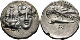 MOESIA. Istros. Circa 313-280 BC. Drachm (Silver, 18 mm, 4.96 g, 12 h). Two facing male heads side by side, one upright and the other inverted. Rev. I...