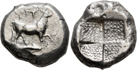 THRACE. Byzantion. Circa 387/6-340 BC. Tetradrachm (Silver, 23 mm, 14.71 g), Rhodian standard. ΥΠ Bull standing right on dolphin right, left foreleg r...
