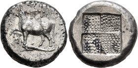 THRACE. Byzantion. Circa 387/6-340 BC. Tetradrachm (Silver, 23 mm, 14.87 g), Rhodian standard. ΠY Bull standing left on dolphin left, right foreleg ra...