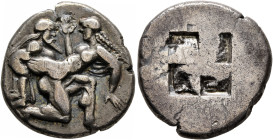 ISLANDS OFF THRACE, Thasos. Circa 480-463 BC. Stater (Silver, 21 mm, 8.29 g). Nude ithyphallic satyr, with long beard and long hair, moving right in '...