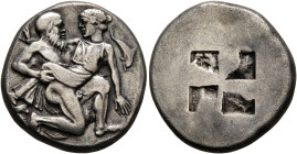 ISLANDS OFF THRACE, Thasos. Circa 412-404 BC. Stater (Silver, 21 mm, 8.36 g). Nude satyr, bald and with long beard, moving right in 'running-kneeling'...