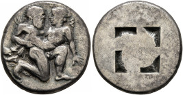 ISLANDS OFF THRACE, Thasos. Circa 412-404 BC. Stater (Silver, 21 mm, 9.11 g). Nude ithyphallic satyr, with long beard and long hair, moving right in '...