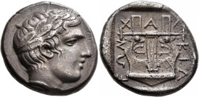 MACEDON, Chalkidian League. Circa 390 BC. Tetradrachm (Silver, 24 mm, 14.27 g, 3 h), Olynthos. Laureate head of Apollo to right. Rev. XAΛ-KIΔ-EΩN Kith...