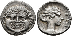 MACEDON. Neapolis. Circa 424-350 BC. Hemidrachm (Silver, 13 mm, 1.77 g, 6 h). Facing gorgoneion with protruding tongue. Rev. NEOΠ Head of the nymph of...