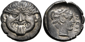 MACEDON. Neapolis. Circa 424-350 BC. Hemidrachm (Silver, 13 mm, 2.07 g, 12 h). Facing gorgoneion with protruding tongue. Rev. NEOΠ Head of the nymph o...