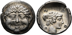 MACEDON. Neapolis. Circa 424-350 BC. Hemidrachm (Silver, 13 mm, 1.70 g, 12 h). Facing gorgoneion with protruding tongue. Rev. N-E-O-Π Head of the nymp...